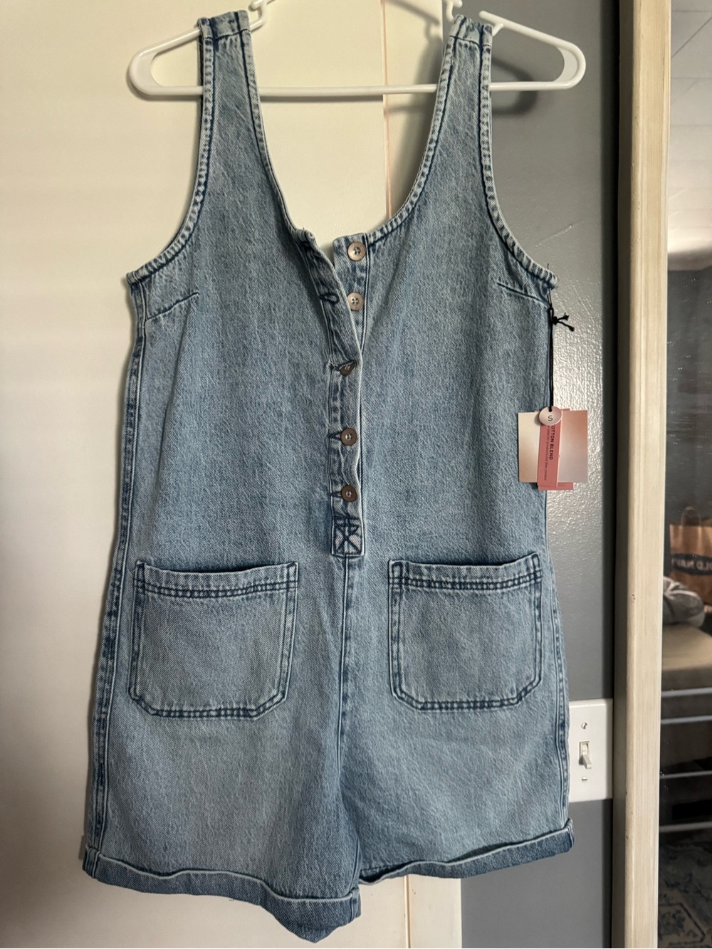 Light Wash Denim Romper with Front Pockets